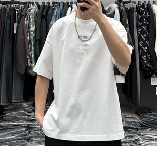 纯棉宽松痞帅半袖 美式 夏季 T恤男士 潮牌重磅彩绘字母印花圆领短袖
