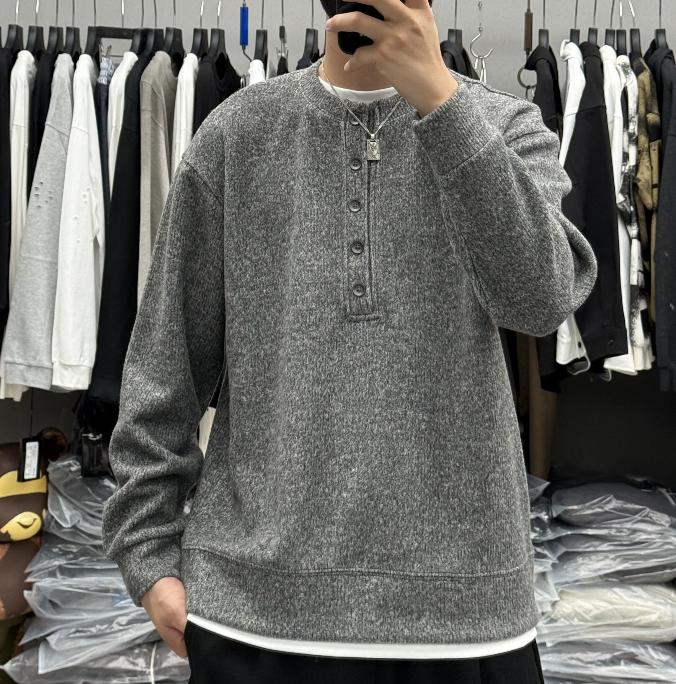 韩系简约半开领纽扣假两件套头卫衣男秋冬休闲宽松加厚保暖上衣潮