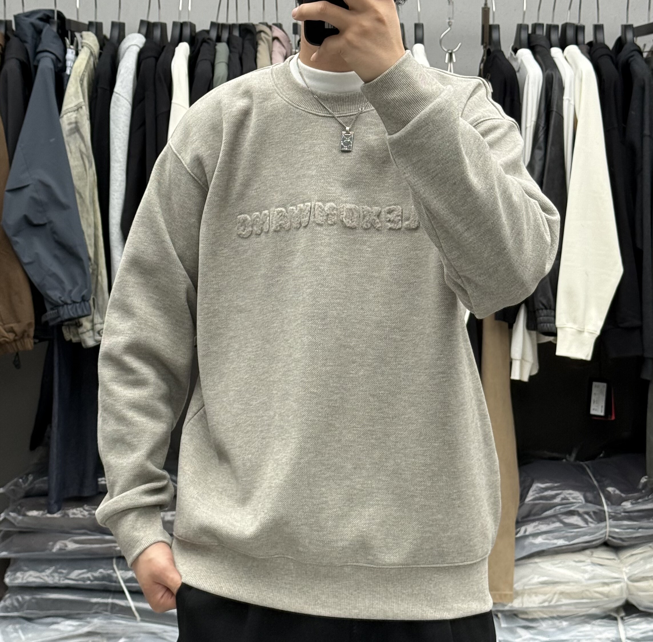径尺秋冬男立体植绒字母刺绣圆领加绒卫衣美式休闲宽松保暖打底衫