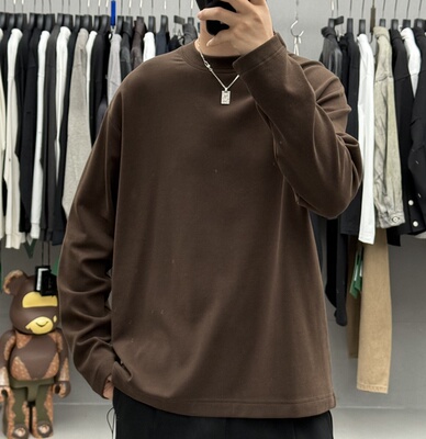 高端轻奢纯色亲肤磨毛圆领长袖T恤男秋冬韩版宽松加厚保暖打底衫t