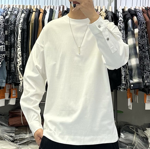重磅廓形宽松纯棉打底衫 2024春季 T恤美式 圆领长袖 男下摆开叉净版