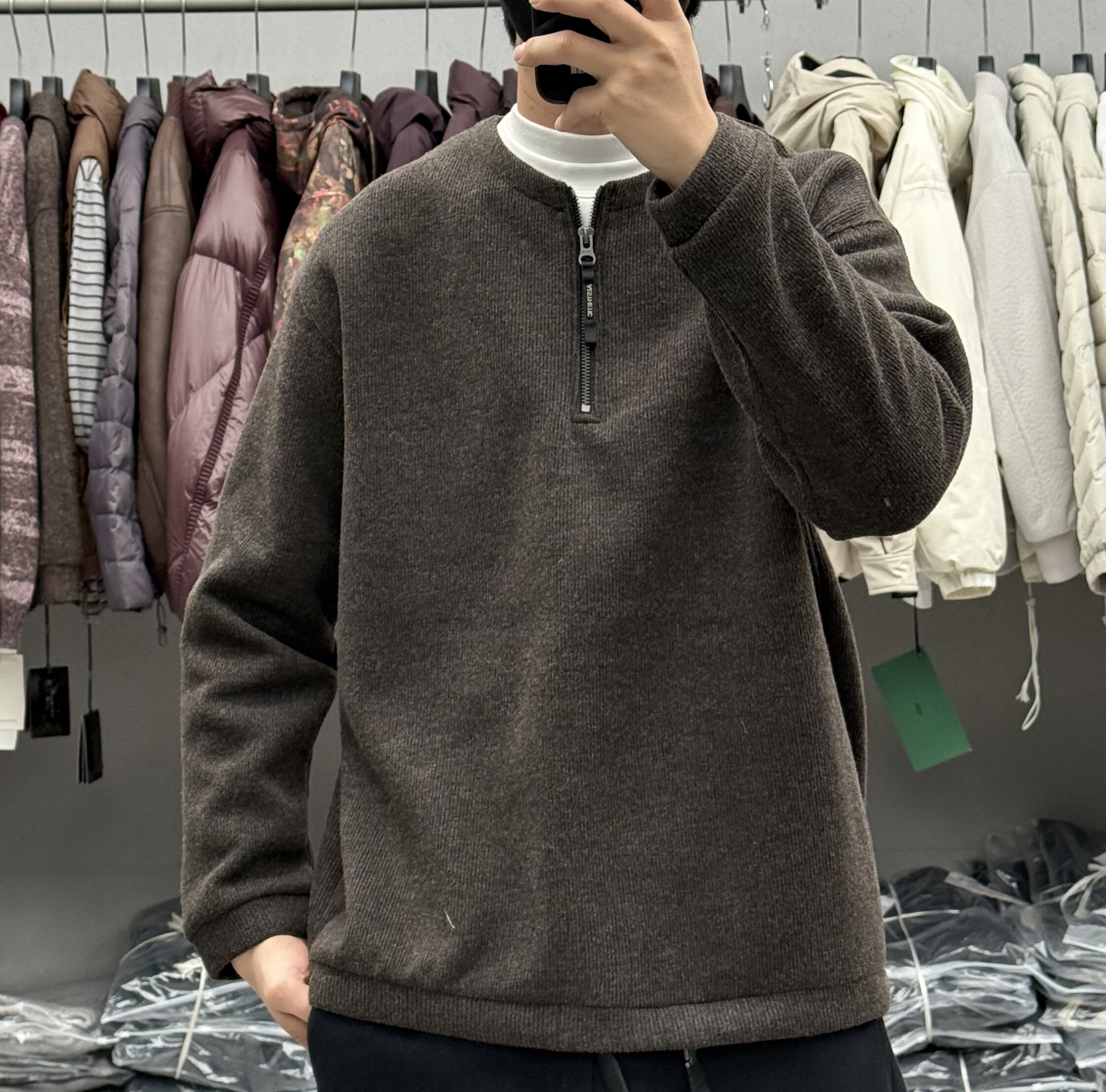 美式复古半拉链圆领加绒卫衣男秋冬高级感宽松百搭休闲保暖打底衫