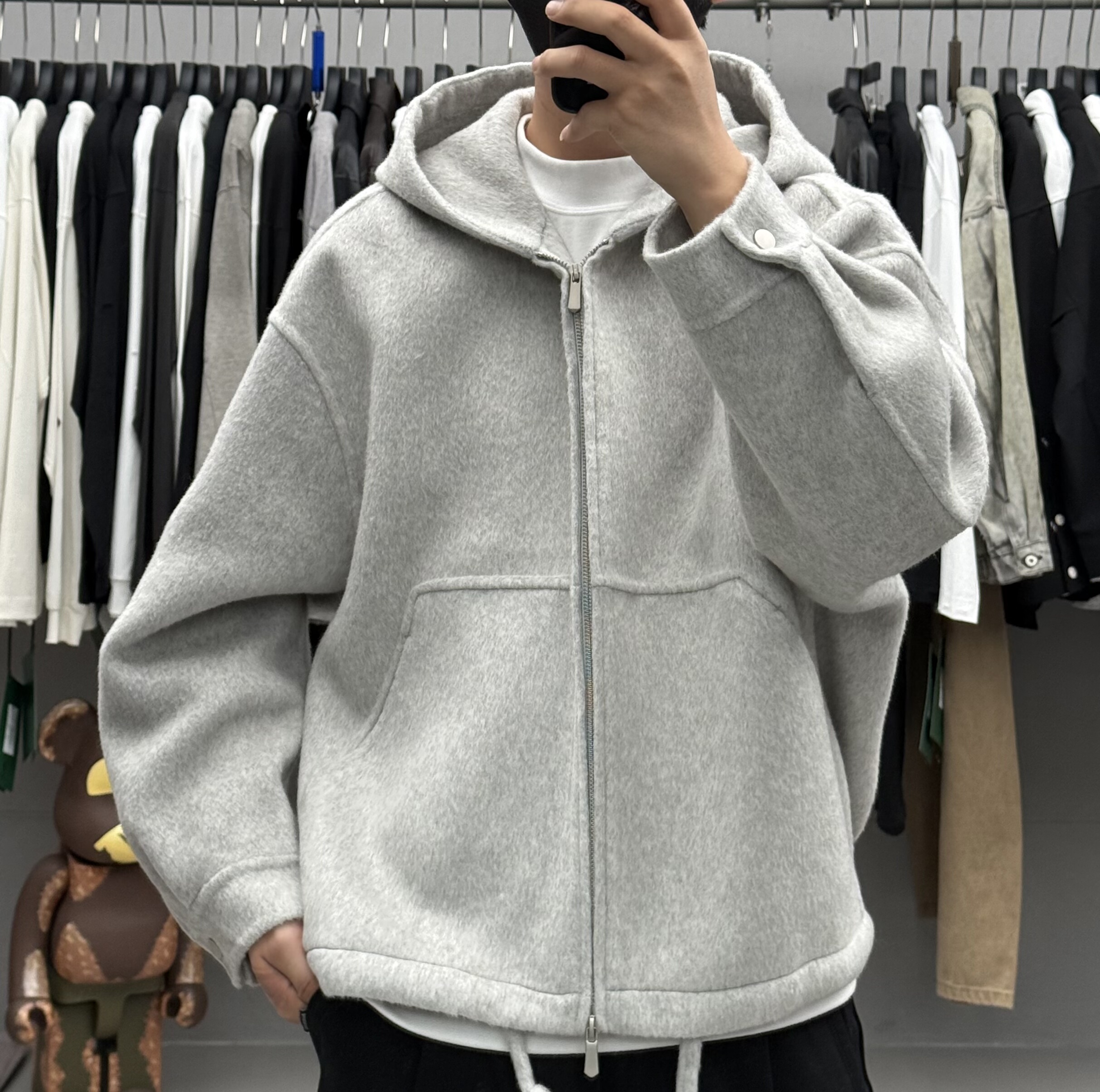 韩系复古重磅连帽双面羊毛呢大衣男秋冬老钱风宽松保暖廓形外套潮