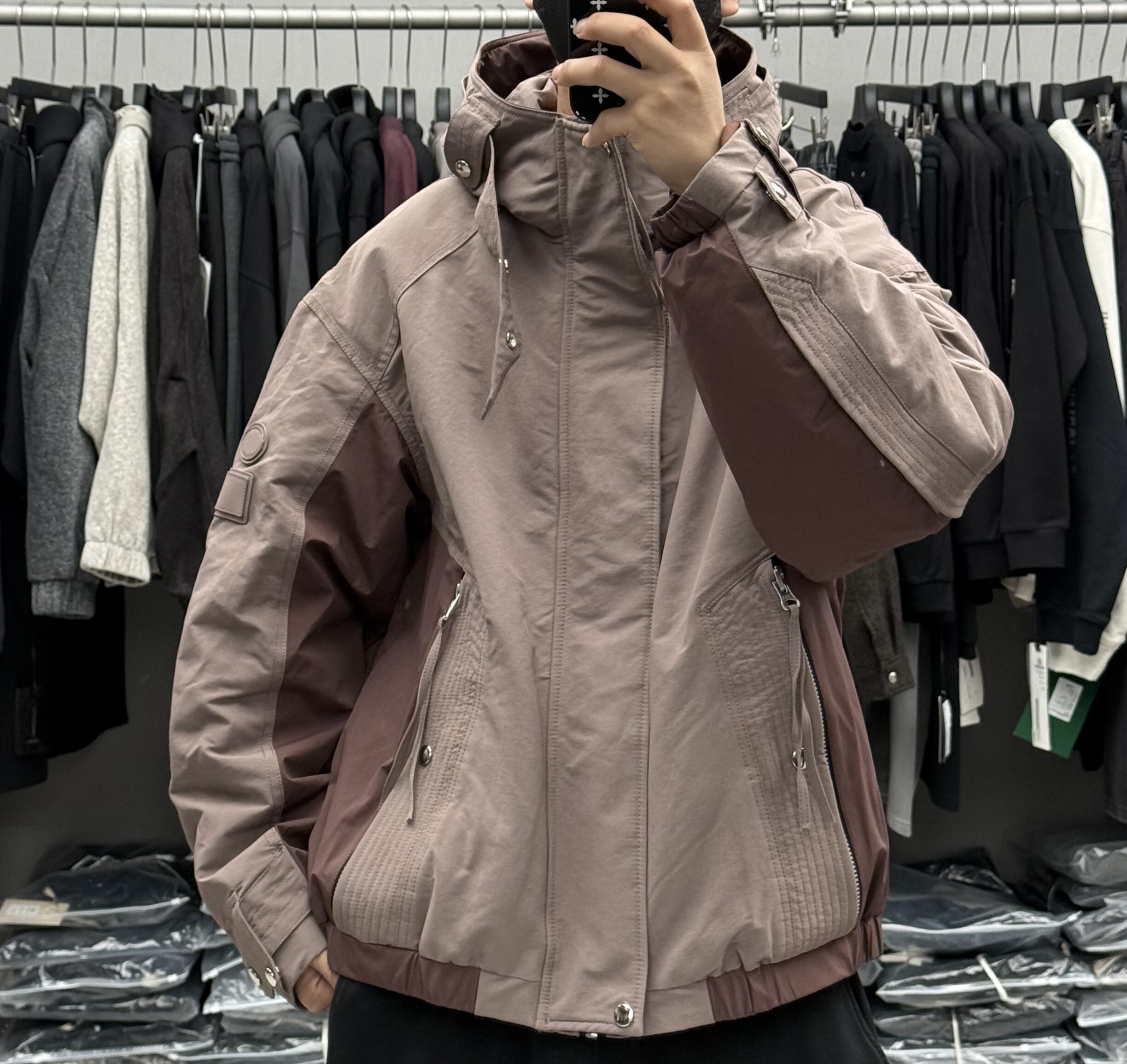 拼接撞色90白鸭绒扣带连帽防风工装羽绒服男冬季重磅潮牌宽松外套