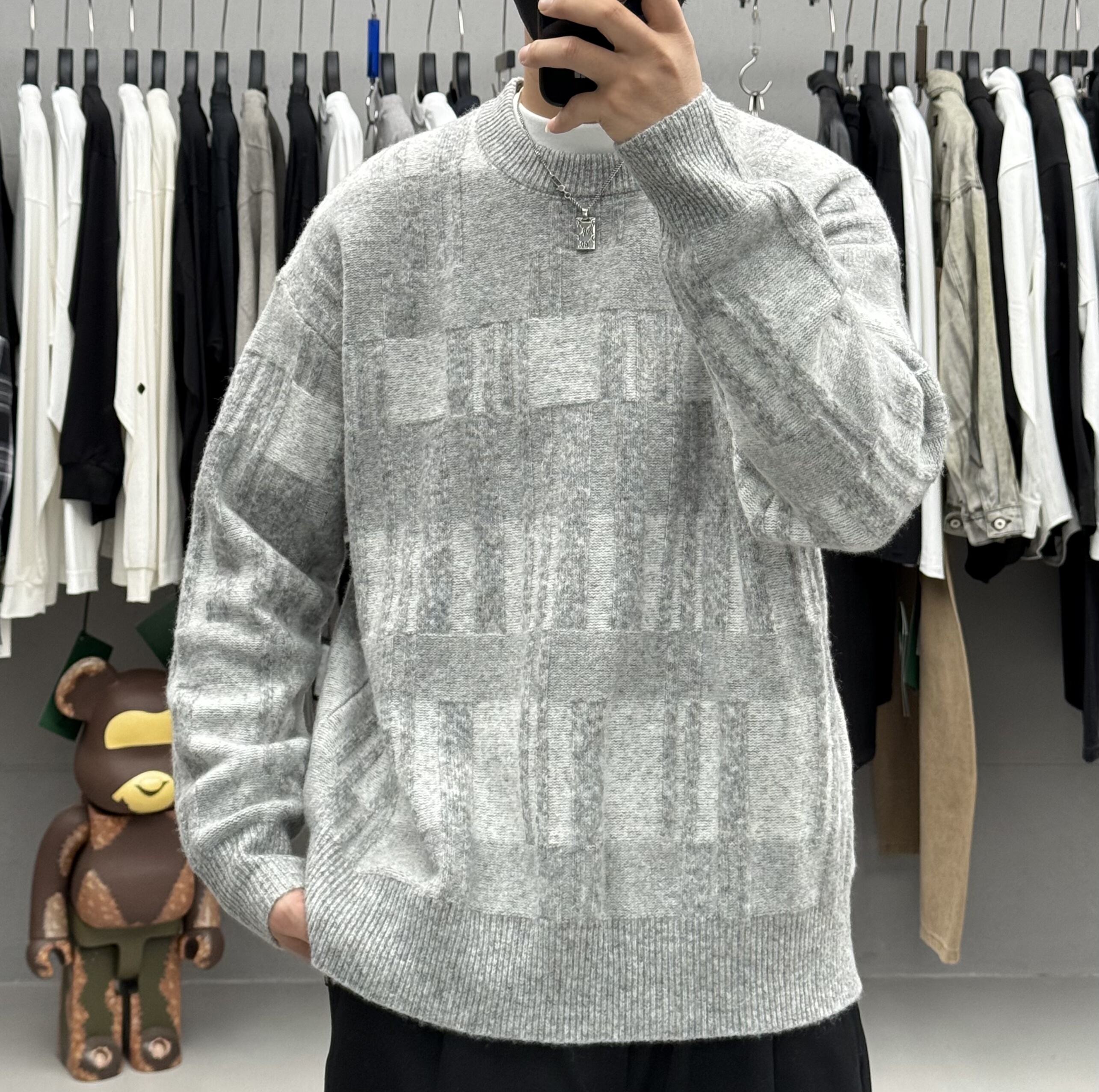 QFO秋冬男高级感复古格纹圆领毛衣韩系加厚保暖针织打底羊毛衫潮