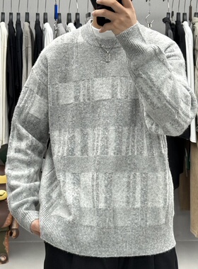 QFO秋冬男高级感复古格纹圆领毛衣韩系加厚保暖针织打底羊毛衫潮