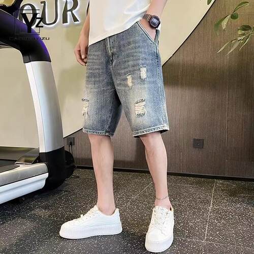 夏季薄款破洞牛仔短裤男士潮牌痞帅乞丐裤潮流直筒修身百搭五分裤