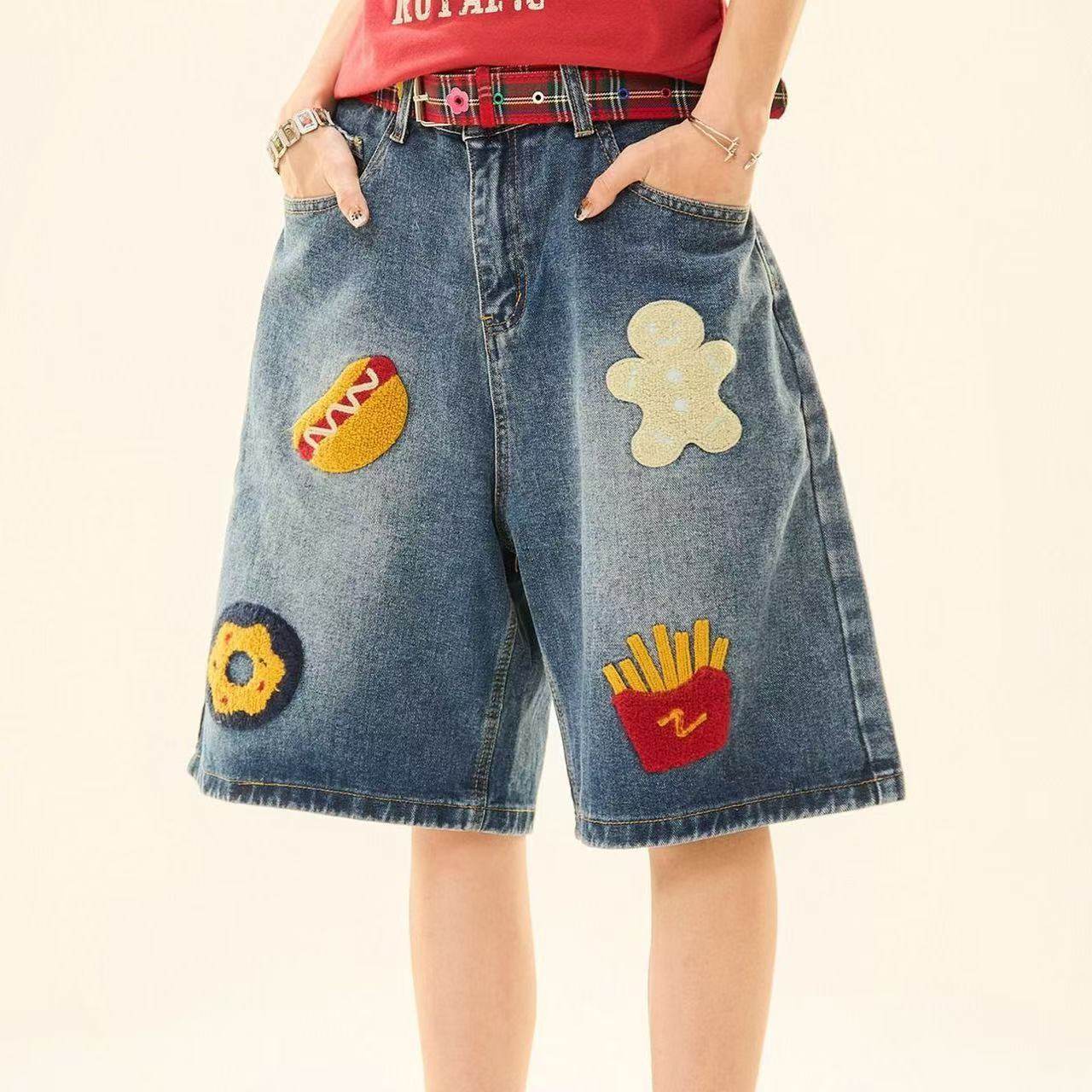 复古汉堡薯条毛巾绣牛仔短裤男女宽松夏季2025新款直筒阔腿五分裤,男装,短裤,淘宝优惠券,粉丝福利购,淘宝优惠卷