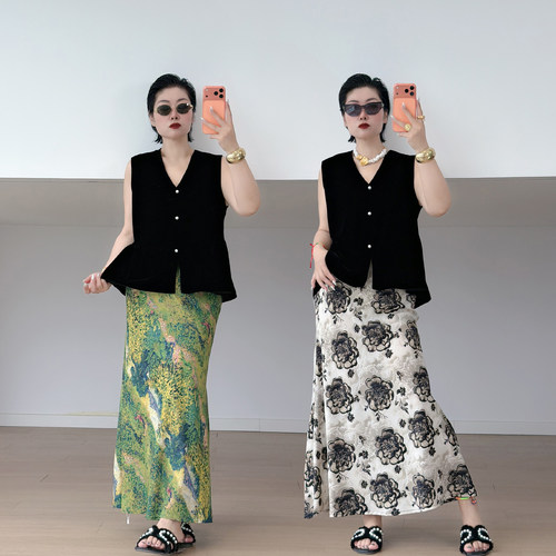 大码女装胖mm丝绒上衣+半裙套装