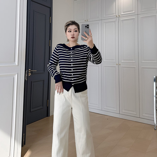 大码女装胖mm条纹撞色针织衫