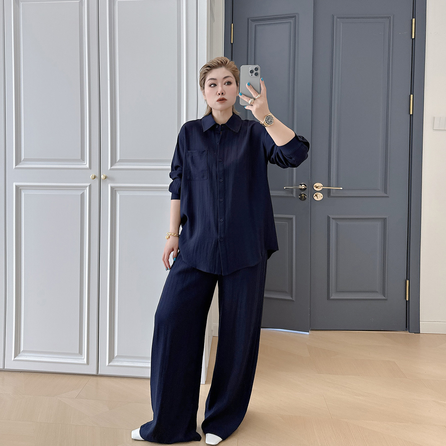 春装新款大码女装松弛感衬衫套装女宽松两件套阔腿裤休闲时尚外穿