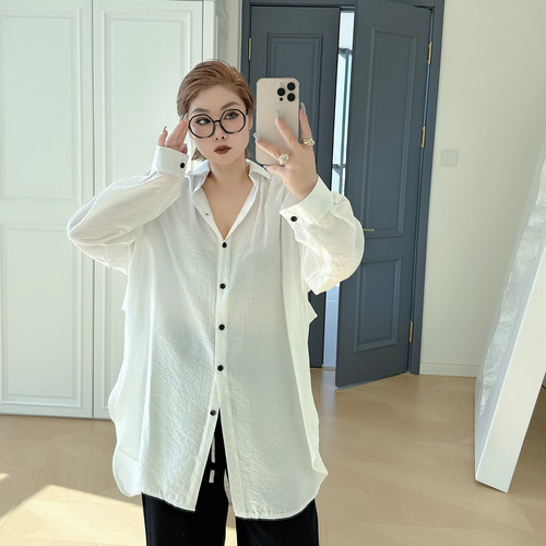 大码女装胖mm宽松休闲长袖衬衫
