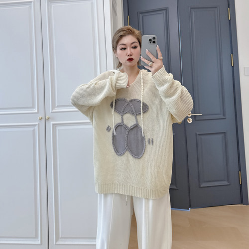 大码女装胖mm提花连帽套头毛衫