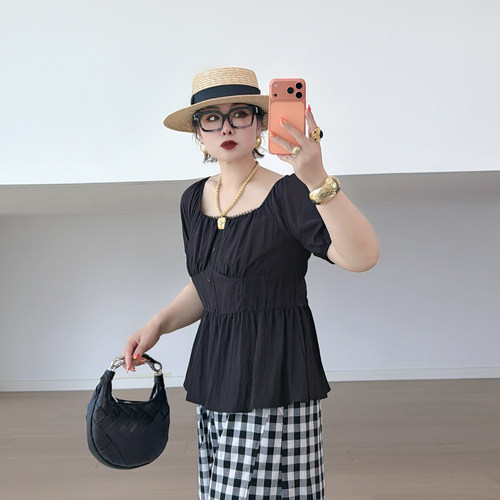 大码女装胖mm方领短袖小衫