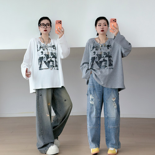 大码女装胖mm美式复古长袖t恤