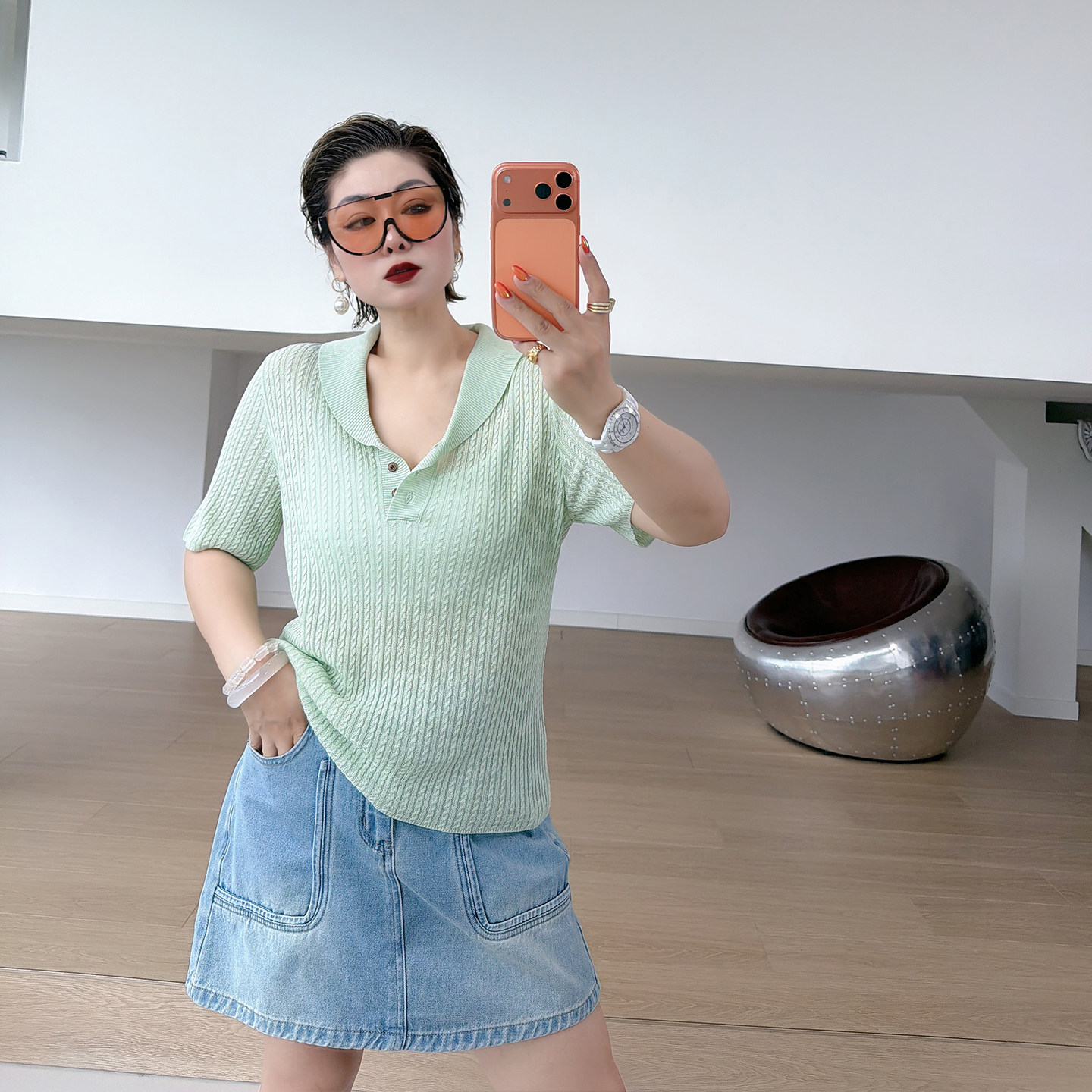 青果领天丝亚麻针织衫大码女装舒适宽松200斤胖mm休闲显瘦短袖t恤
