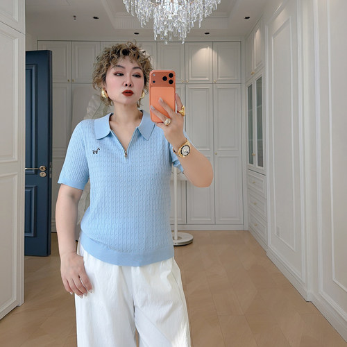 大码女装胖mm刺绣polo领t恤