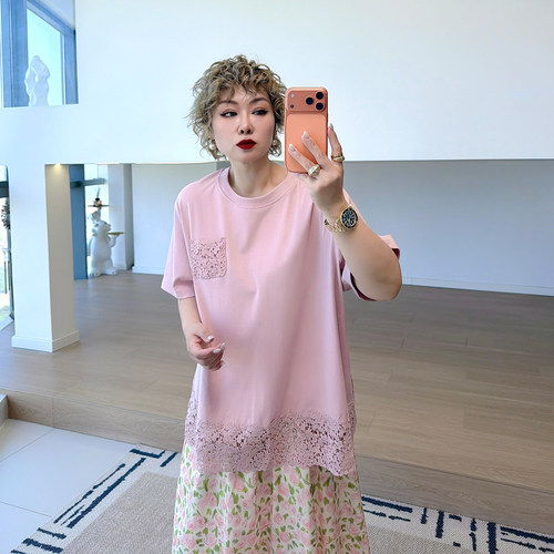 大码女装胖mm蕾丝拼接短袖t恤