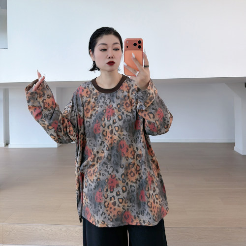 大码女装胖mm复古彩色豹纹上衣