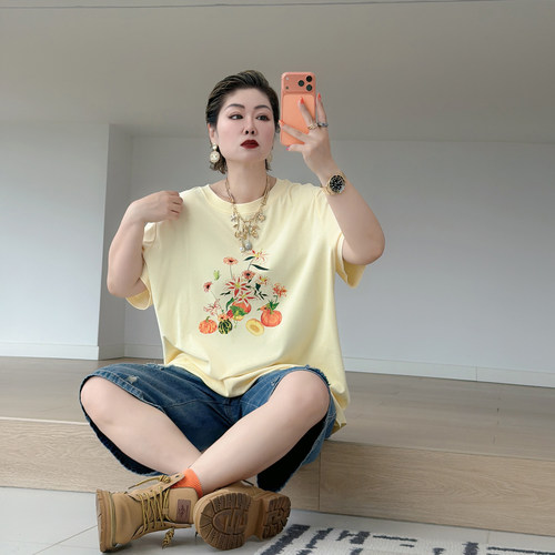 大码女装胖mm慵懒风藏肉t恤衫