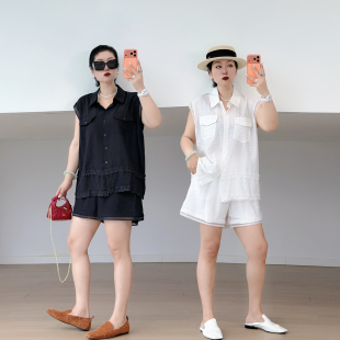 时尚套装大码女装夏季通勤200斤胖mm气质无袖衬衫阔腿短裤两件套