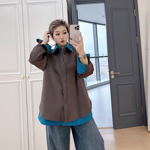 大码女装胖mm假两件撞色翻领衬衫