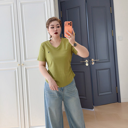 大码女装胖mm正肩v领短袖上衣