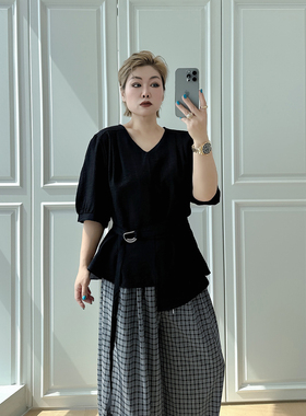 通勤v领正肩短袖衬衫大码女装收腰不规则200斤胖mm气质洋气潮上衣
