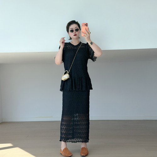 大码女装胖mm法式v领蕾丝套装