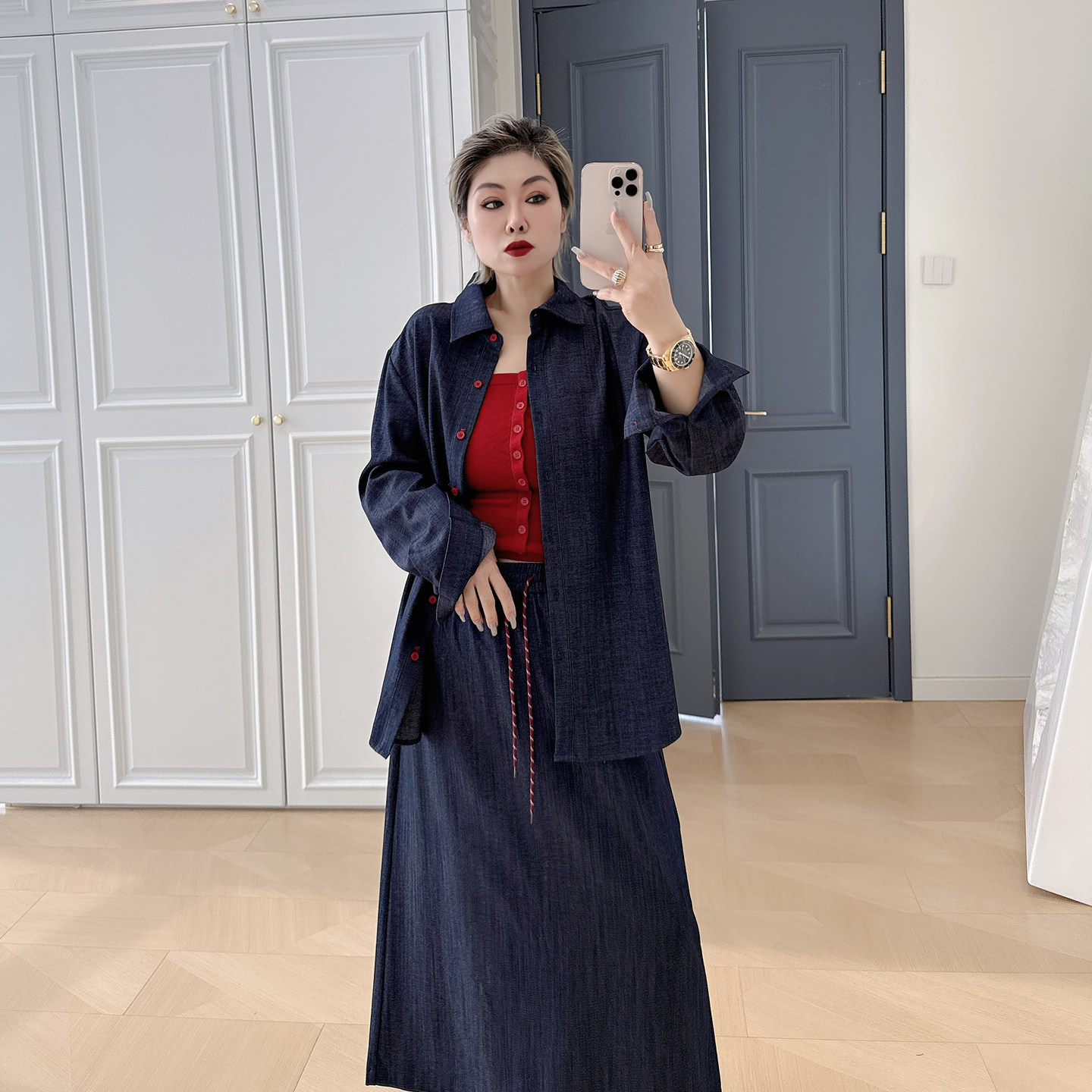 2026新款大码女装春装潮深蓝牛仔外套休闲胖mm减龄半身裙两件套装