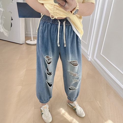 大码女装胖mm破洞休闲牛仔裤