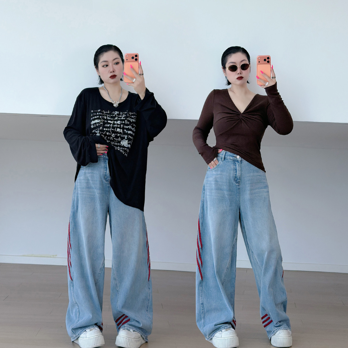 全脂家2026秋季大码女装美式条纹工装裤200斤胖mm高腰阔腿牛仔裤