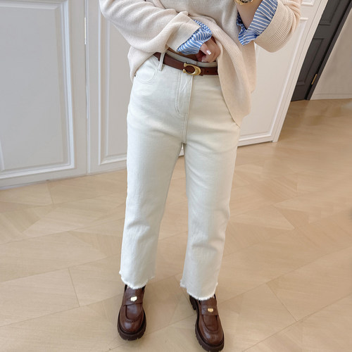 大码女装胖mm高腰毛边烟管裤