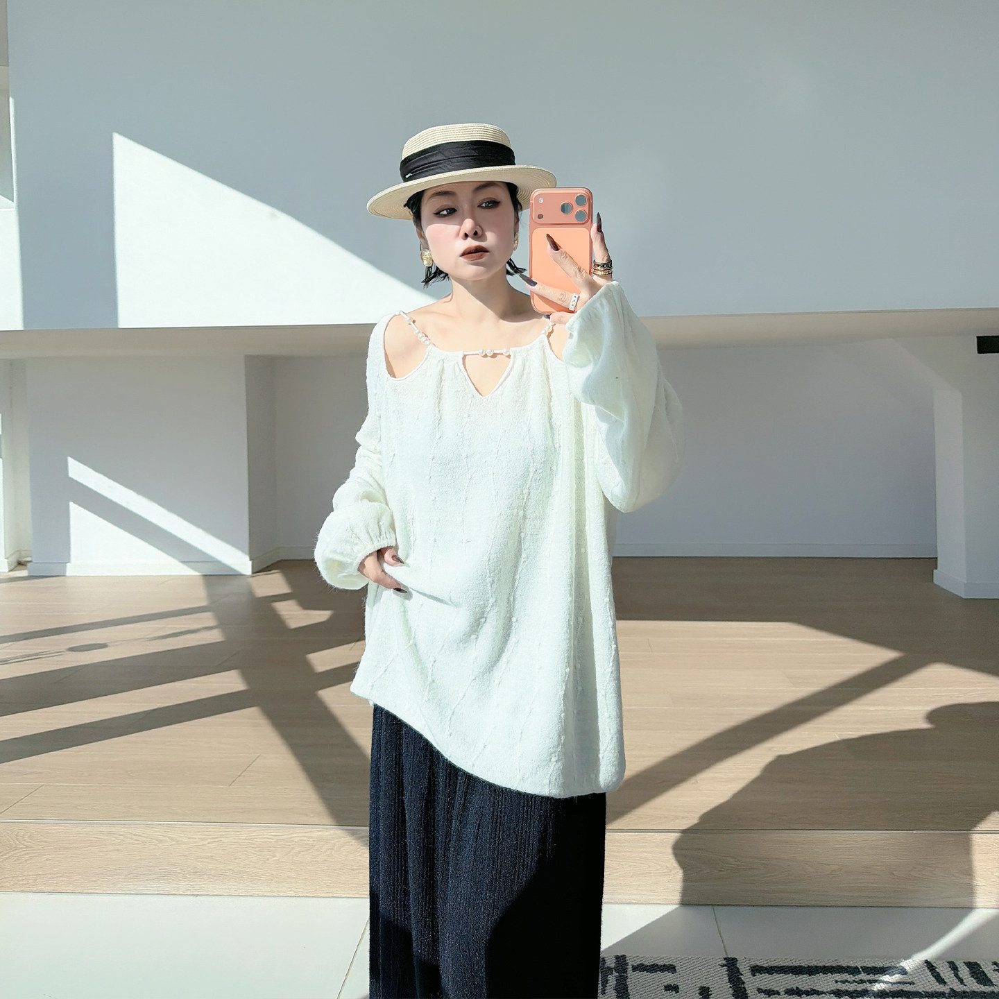 全脂家2026秋季大码女装胖mm珍珠领口宽松灯笼袖套头针织衫上衣女