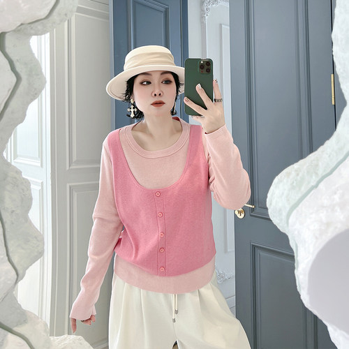 大码女装胖mm假两件针织衫