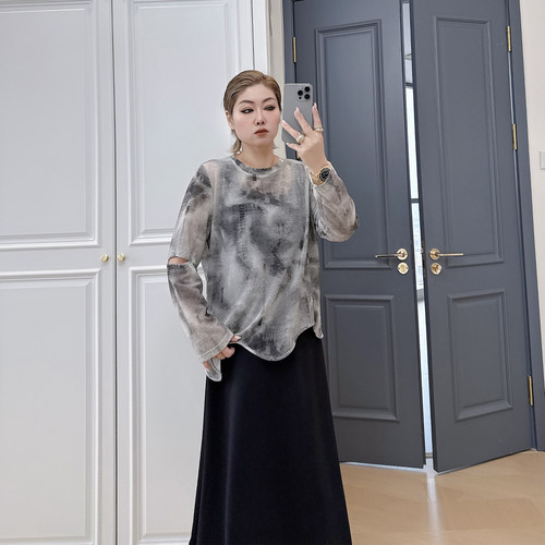 大码女装胖mm微透网纱罩衫t恤