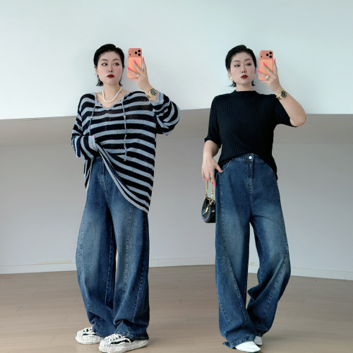 大码女装胖mm弯刀牛仔裤