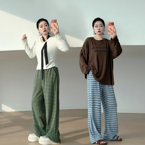 大码女装胖mm格子阔腿裤