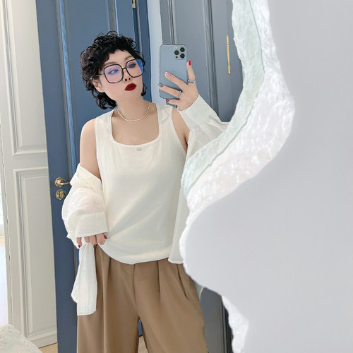 大码女装胖mm方领针织背心