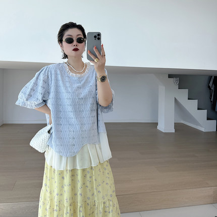 设计感假两件大码女装蕾丝花边休闲上衣200斤胖mm显瘦百搭半袖t恤