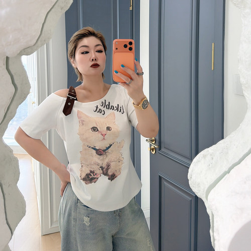 大码女装胖mm辣妹斜肩短袖t恤