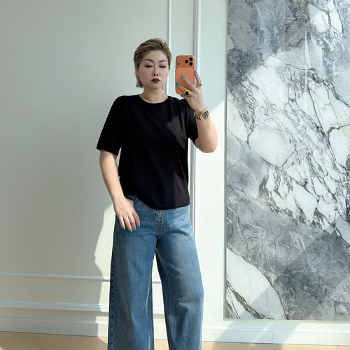 大码女装胖mm简约纯色短袖t恤