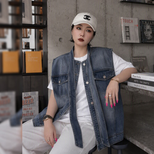 大码女装胖mm复古飘带牛仔马甲