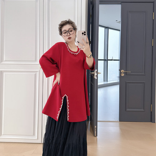 大码女装胖mm钉珠短袖t恤衫