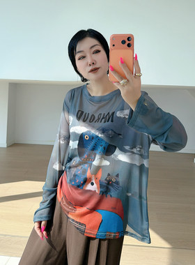 大码女装胖mm网纱休闲长袖t恤