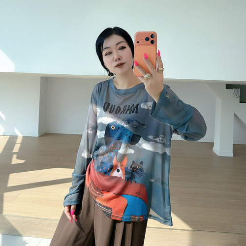 大码女装胖mm网纱休闲长袖t恤