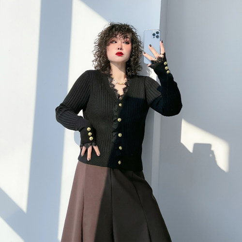 大码女装胖mm黑色V领针织开衫