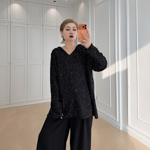 大码女装胖mm连帽亮片针织衫