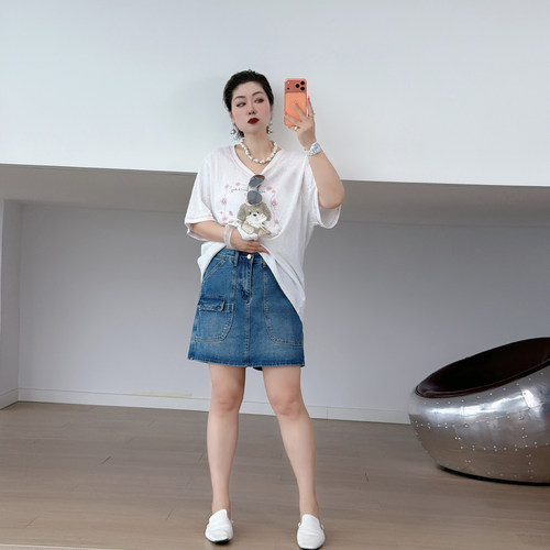 大码女装胖mm高腰牛仔裙裤