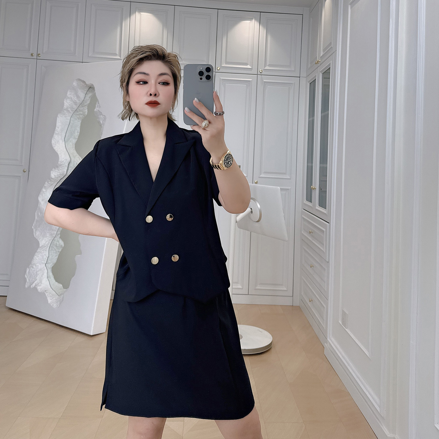 大码胖mm显瘦西装套装春夏装短袖西服半身裙两件套职业通勤气质款